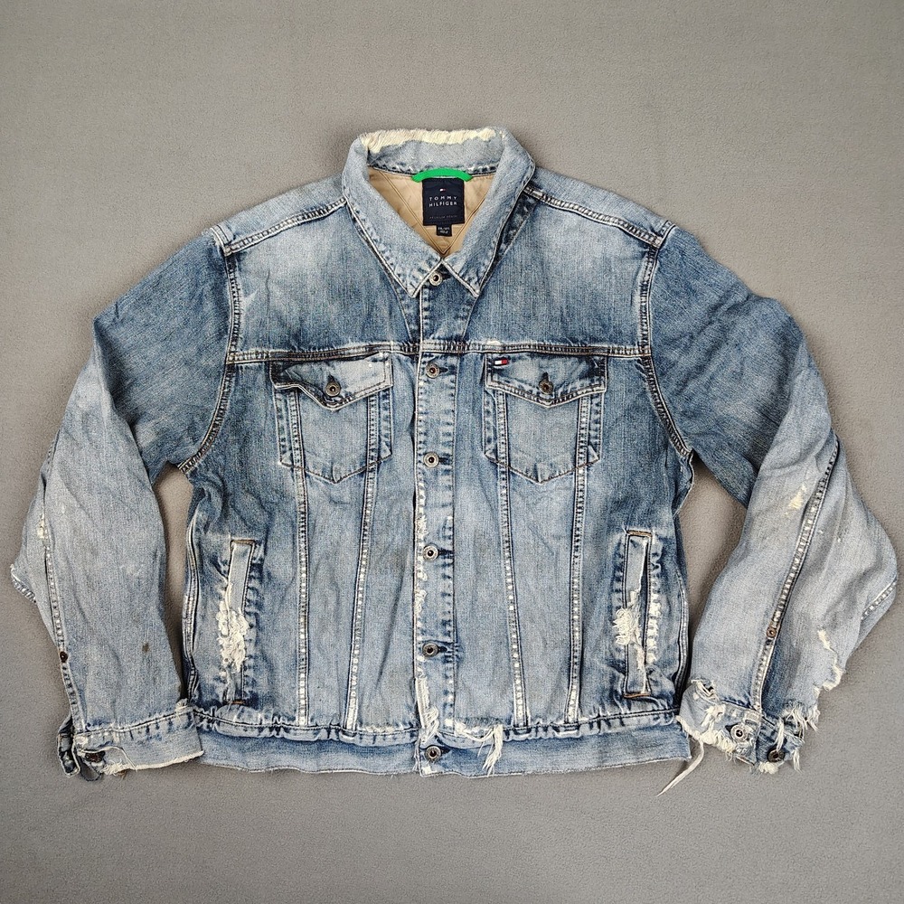 Y2K Tommy Hilfiger Denim Jacket 2XL (*Fits XL) THRASHED Trucker Grunge Flag Logo